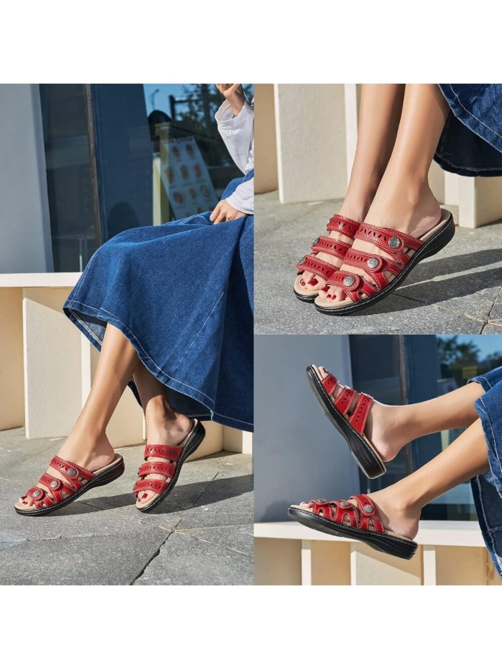 Women's Comfort Leather Slides Flat Sandals Red Slip On Casual Walking Slippers - Picture 2 of 6